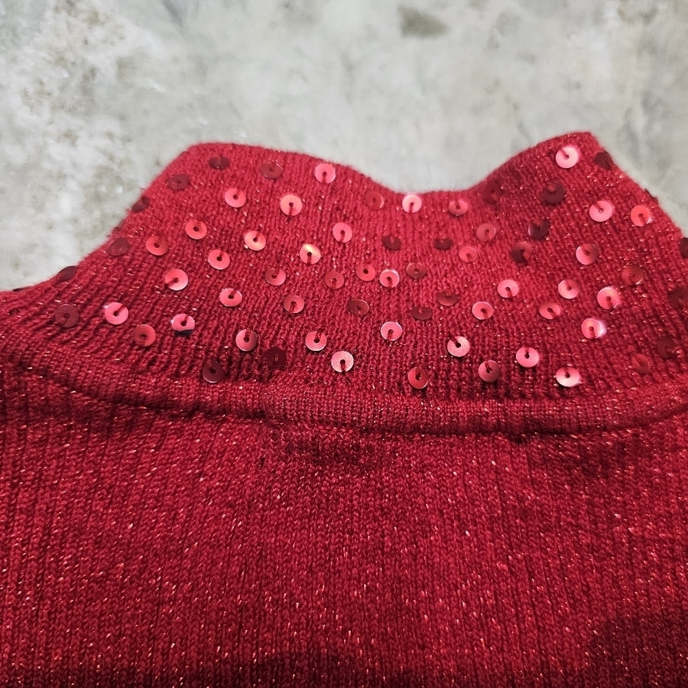 Red Sequin Sparkle Sweater Women’s Ribbed Metallic Knit Holiday Party Top M - Picture 9 of 10